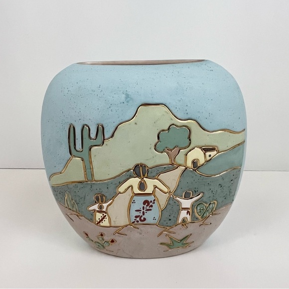 Vintage Southwest Pottery Mother and Children Gold Trim Ceramic Planter - Picture 2 of 14